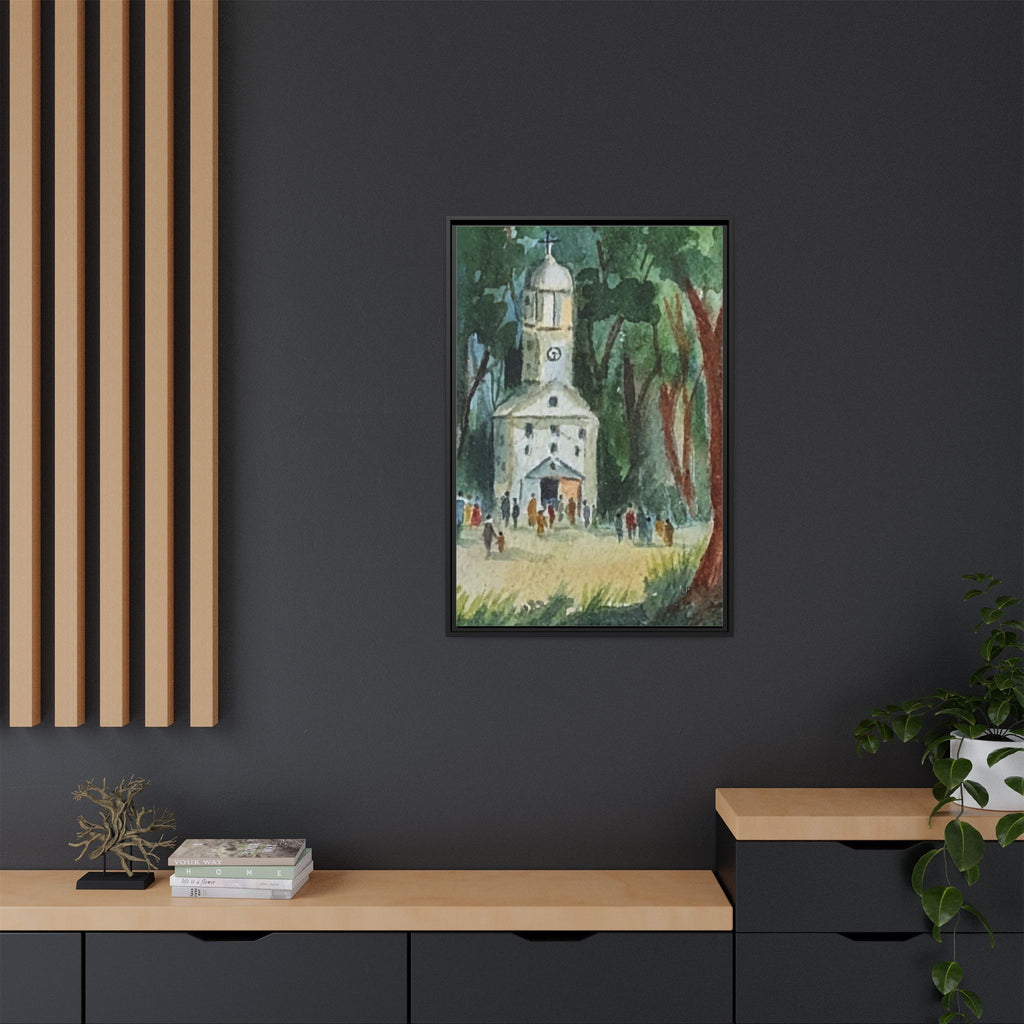 Framed Matte Canvas Print — Watercolor Church in Woodland Scene