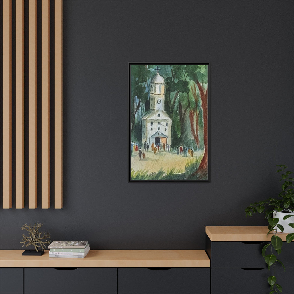 Framed Matte Canvas Print — Watercolor Church in Woodland Scene