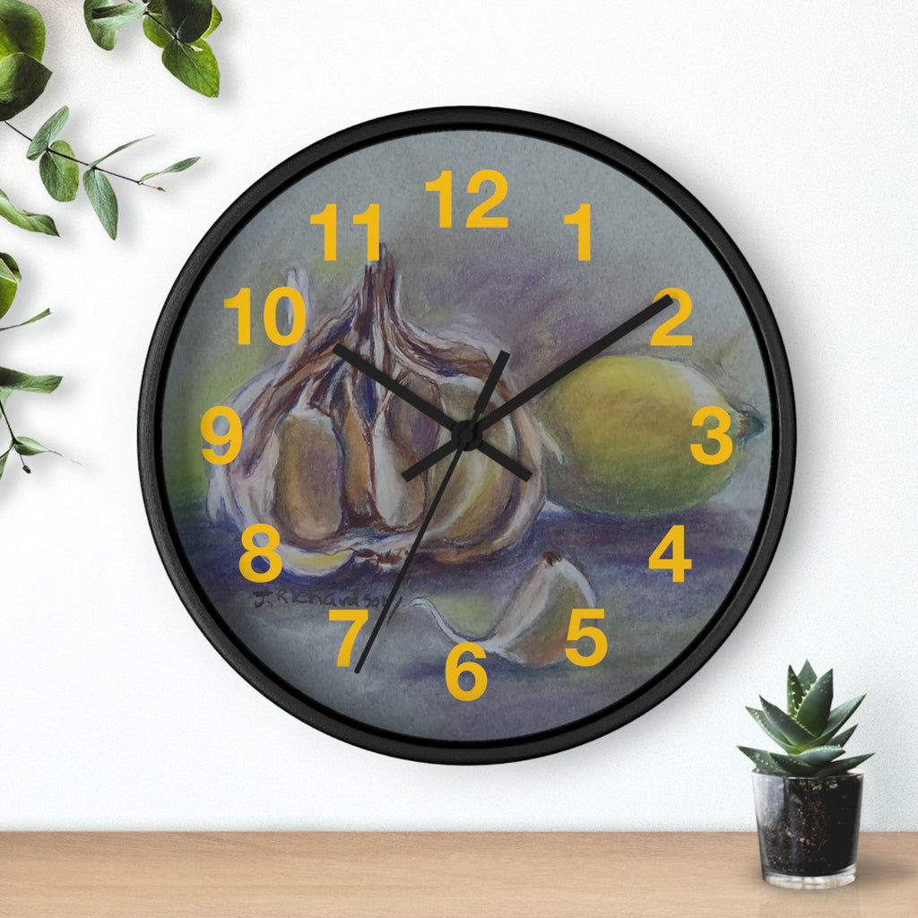 Garlic & Lemon Kitchen Wall Clock — Still Life Food Art Home Decor