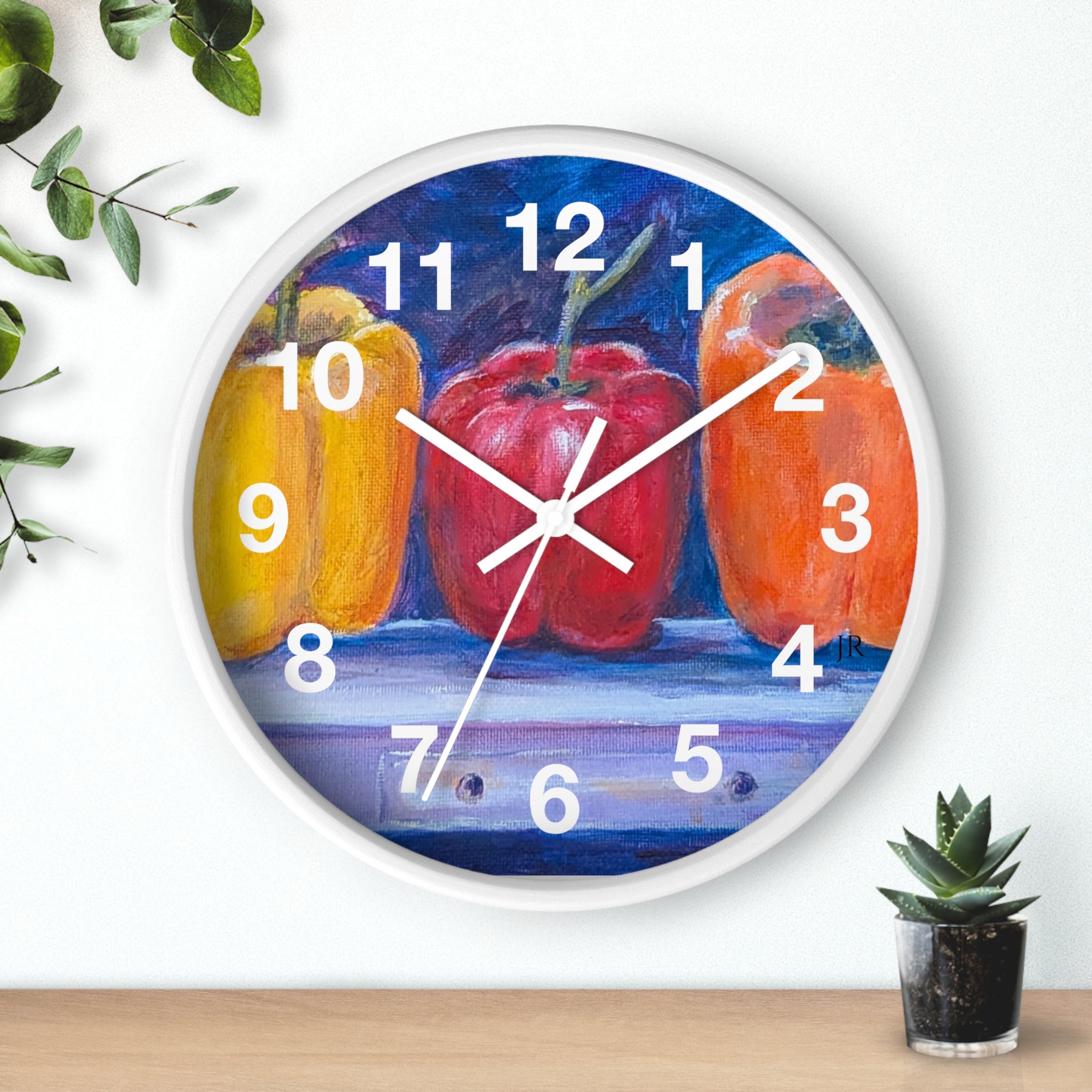 Three Peppers Still Life Wall Clock — Colorful Kitchen Art Clock