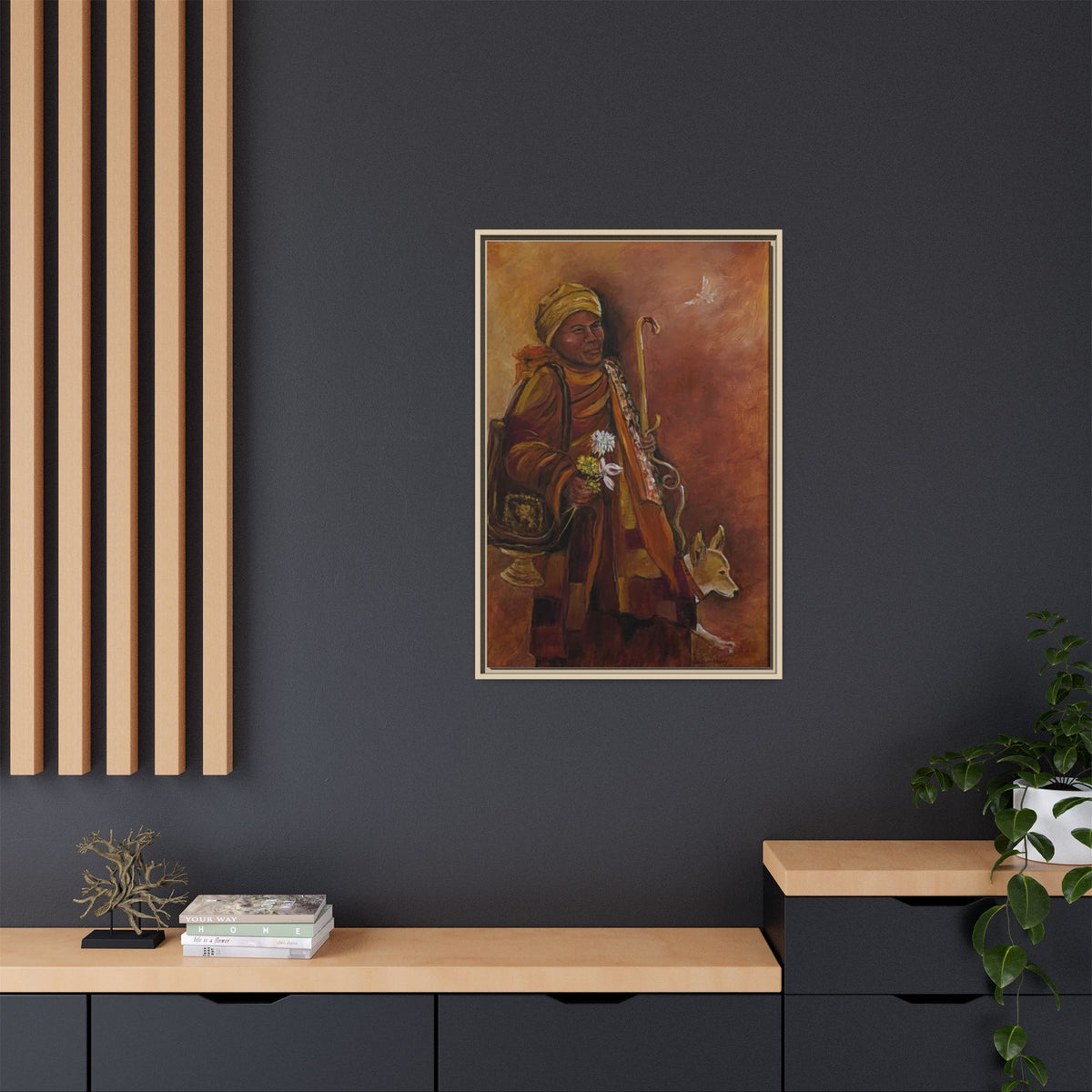 Monk & Dog & Dove Matte Canvas Framed | Earth Tone Wall Art
