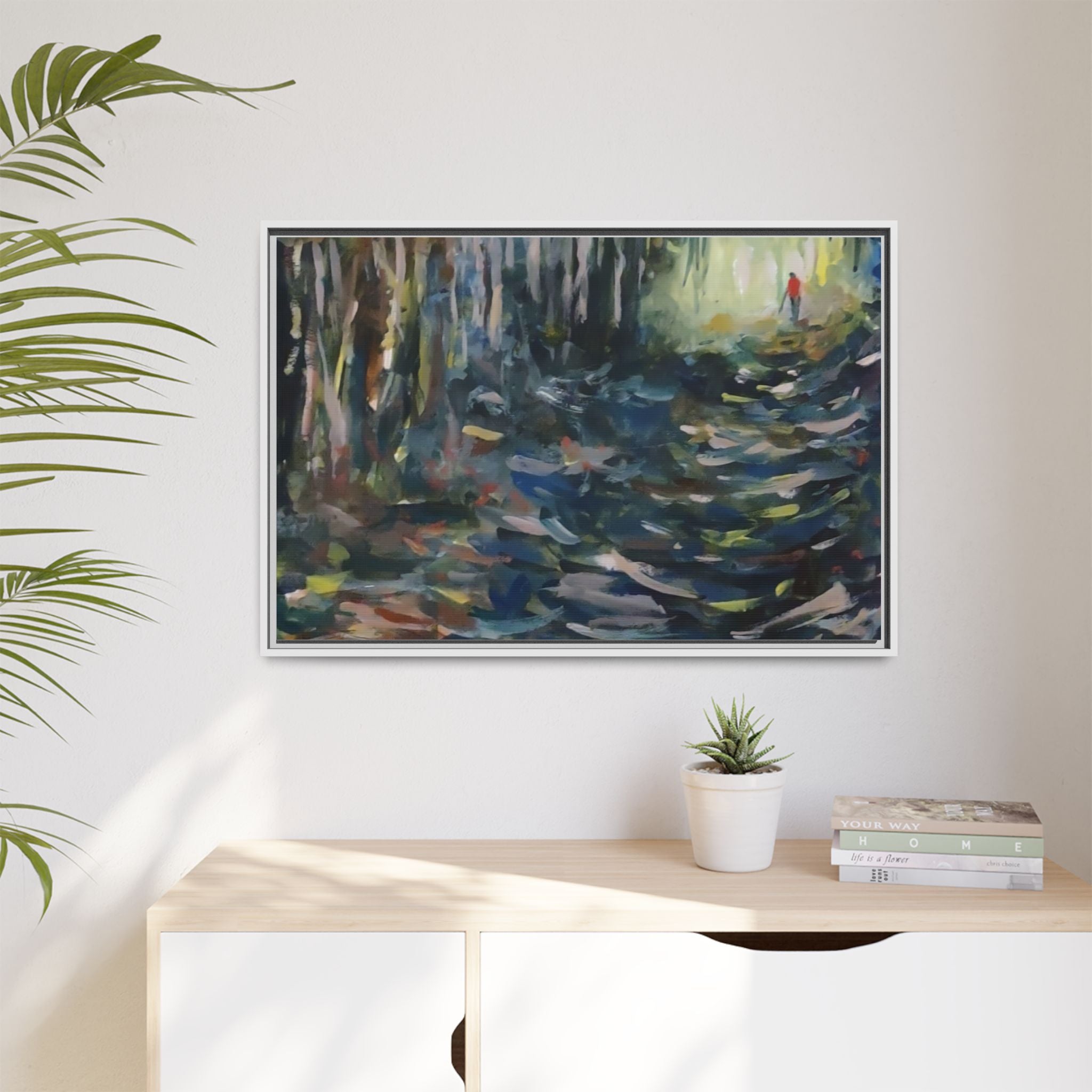 Forest Path Abstract Matte Canvas Framed | Red-Coated Figure, Blue-Green Impressionist Wall Art