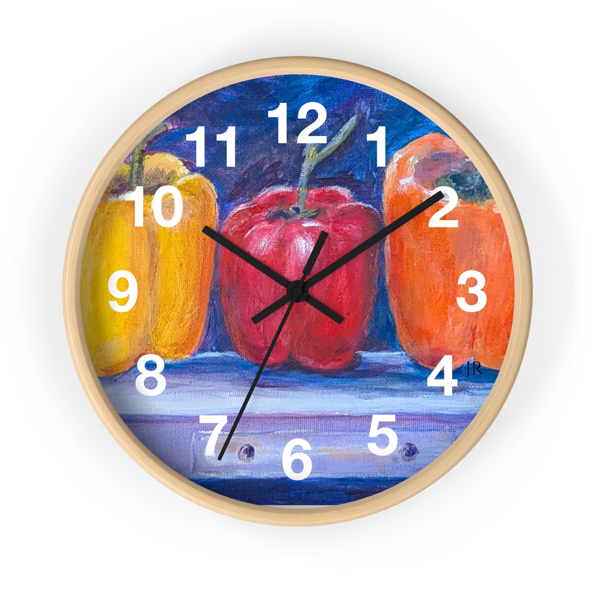Three Peppers Still Life Wall Clock — Colorful Kitchen Art Clock