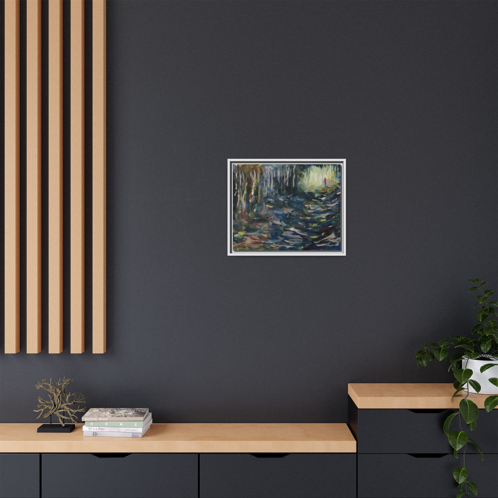 Forest Path Abstract Matte Canvas Framed | Red-Coated Figure, Blue-Green Impressionist Wall Art