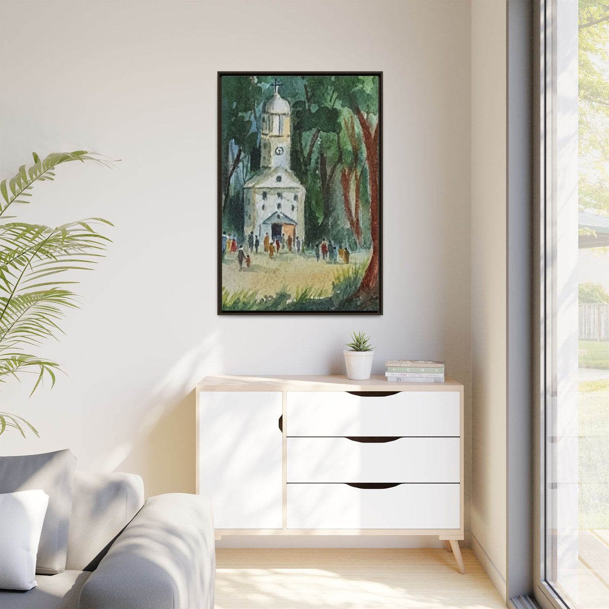 Framed Matte Canvas Print — Watercolor Church in Woodland Scene