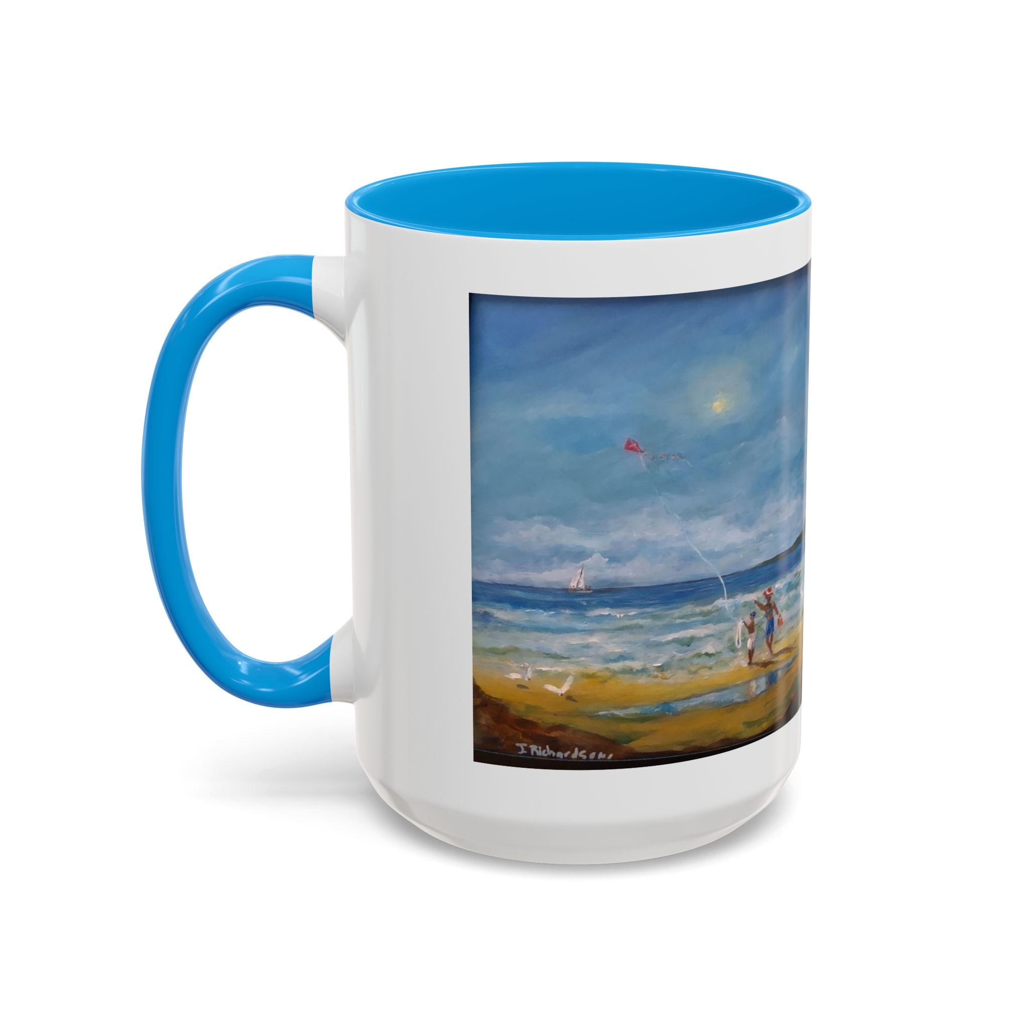 Beach & kite scene, Coffee Accent Mug - Personalize it! Colorful Ceramic Mug (11oz, 15oz)
