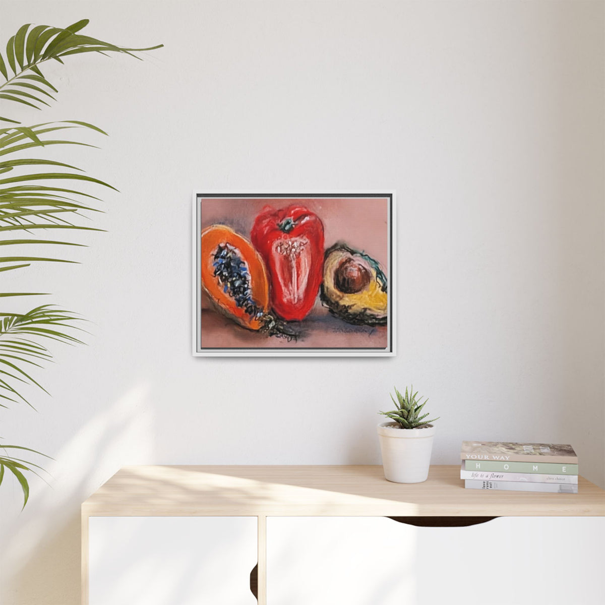 Framed Matte Canvas Art — Vibrant Still Life: Papaya, Red Pepper & Avocado