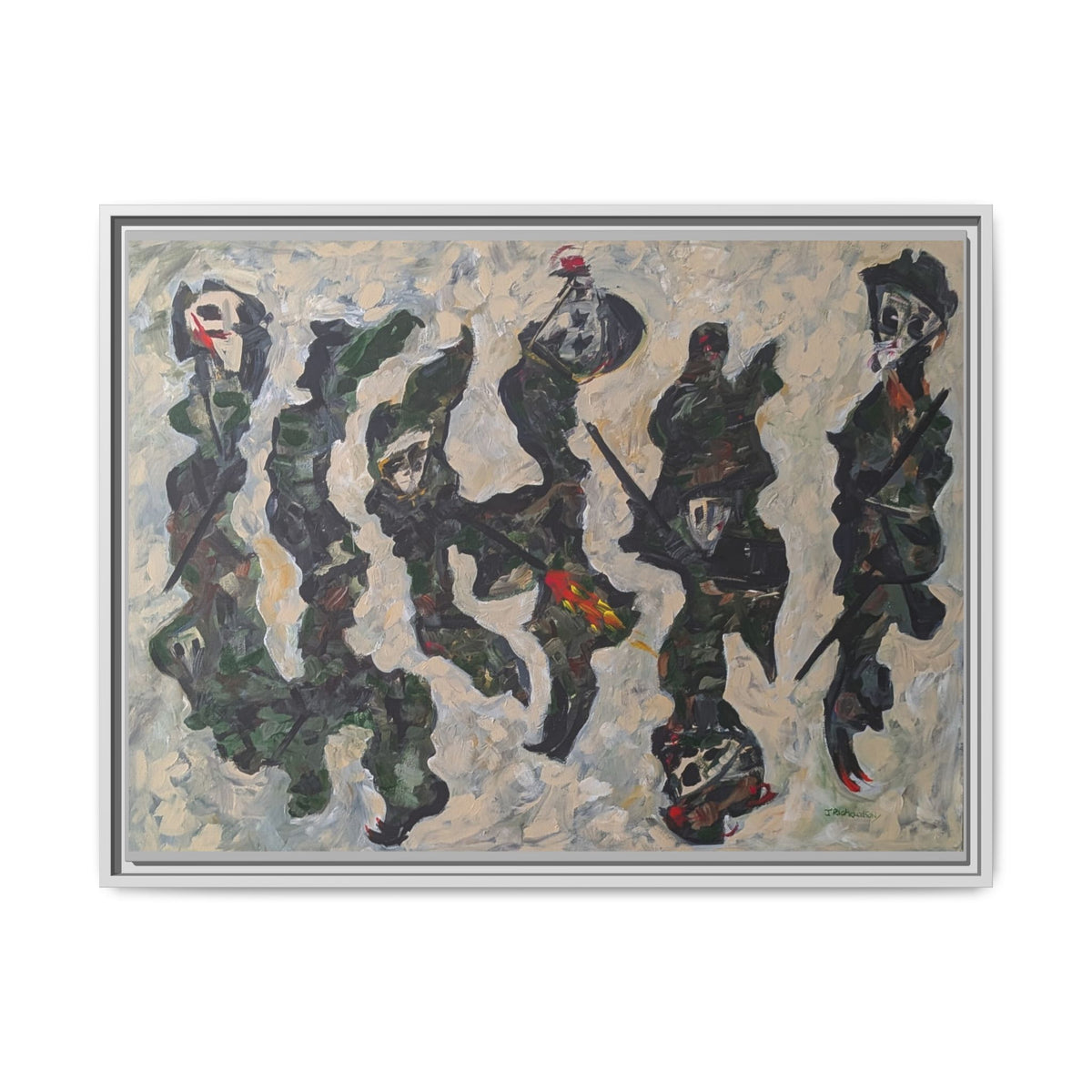 Abstract Military Figurative Matte Canvas Framed Wall Art — Multi‑Color