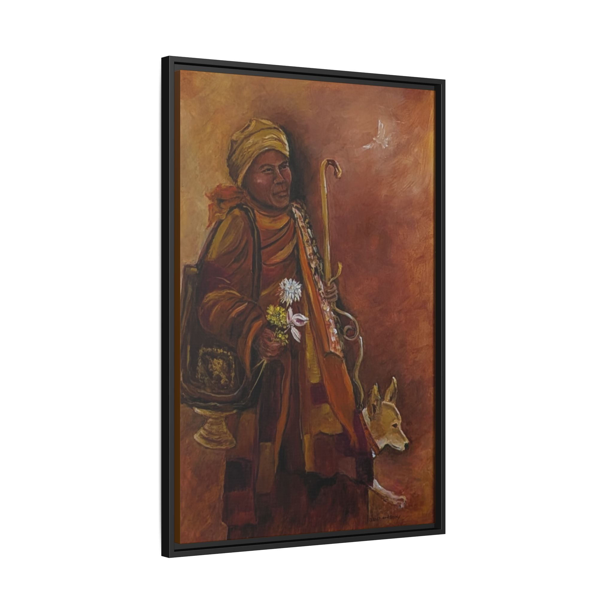 Monk & Dog & Dove Matte Canvas Framed | Earth Tone Wall Art