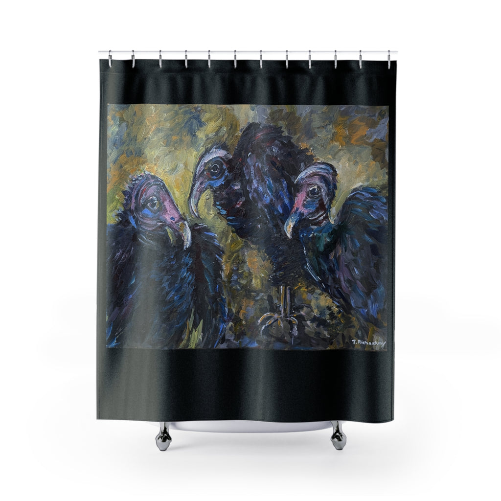Vulture Trio Shower Curtain | Black Border, Dark Painterly Bird Artwork