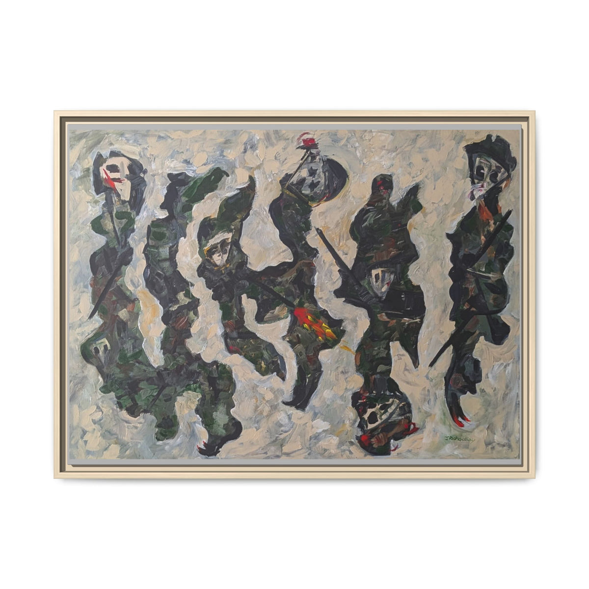 Abstract Military Figurative Matte Canvas Framed Wall Art — Multi‑Color