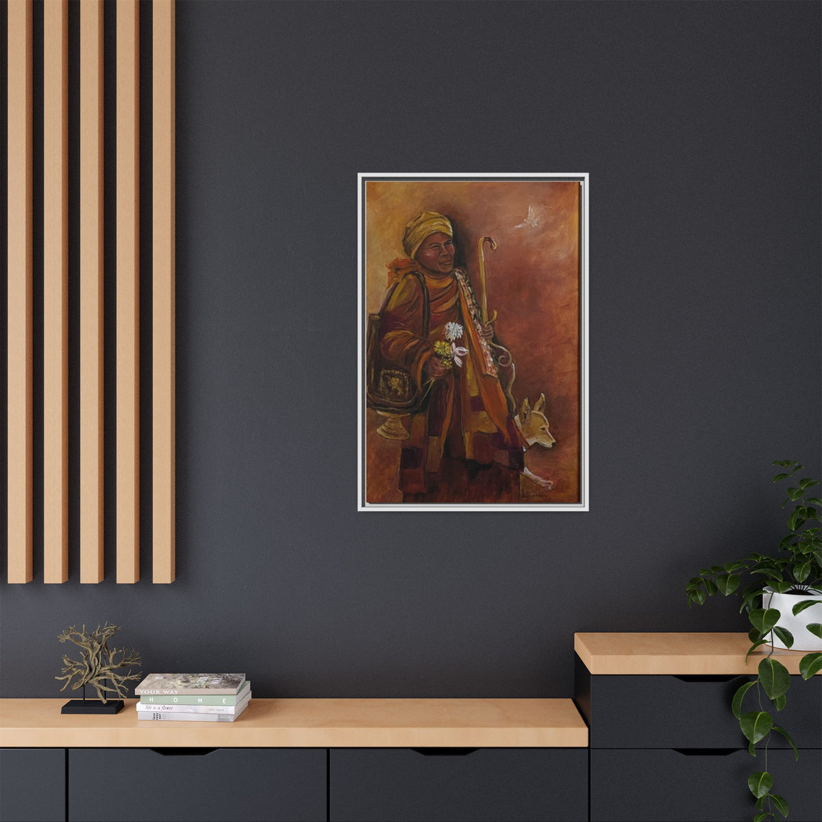 Monk & Dog & Dove Matte Canvas Framed | Earth Tone Wall Art