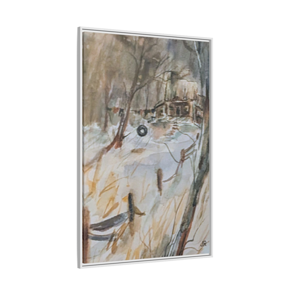 Winter Cabin Landscape Framed Canvas Print