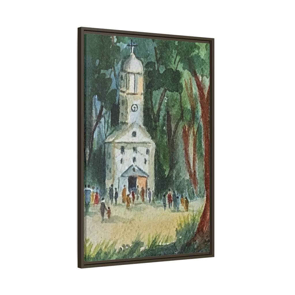 Framed Matte Canvas Print — Watercolor Church in Woodland Scene