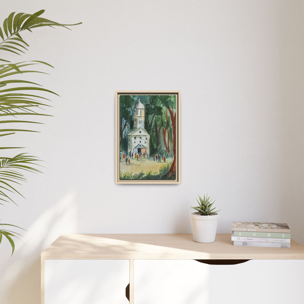 Framed Matte Canvas Print — Watercolor Church in Woodland Scene