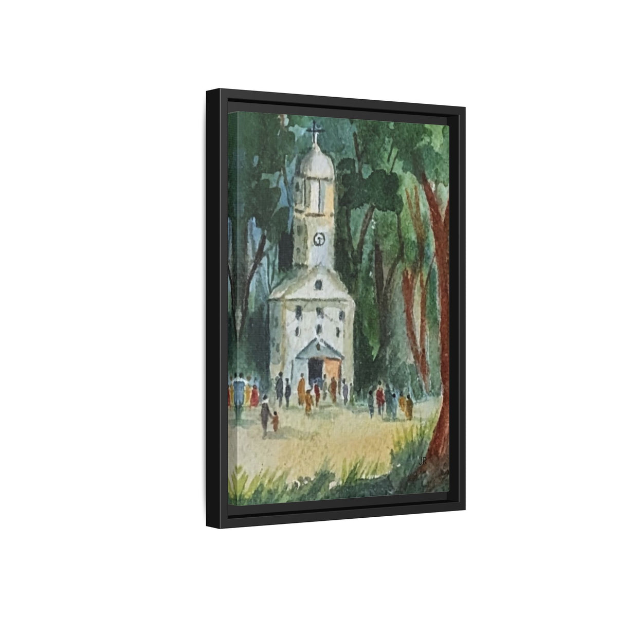 Framed Matte Canvas Print — Watercolor Church in Woodland Scene