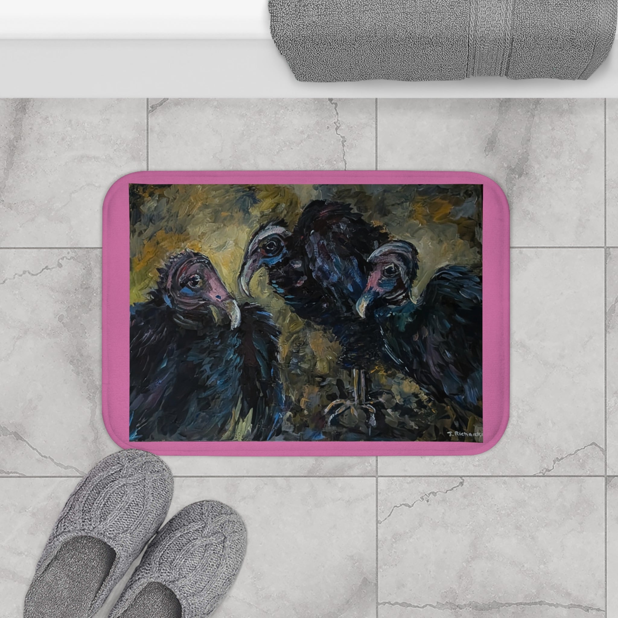 Vultures Illustration Bath Mat | Dark Moody Bird Artwork