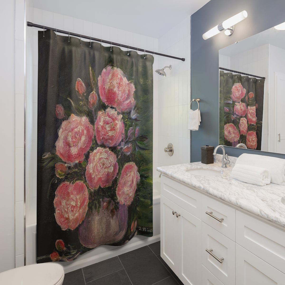 Pink Peony Bouquet Shower Curtain | Floral Oil Painting Bathroom Decor