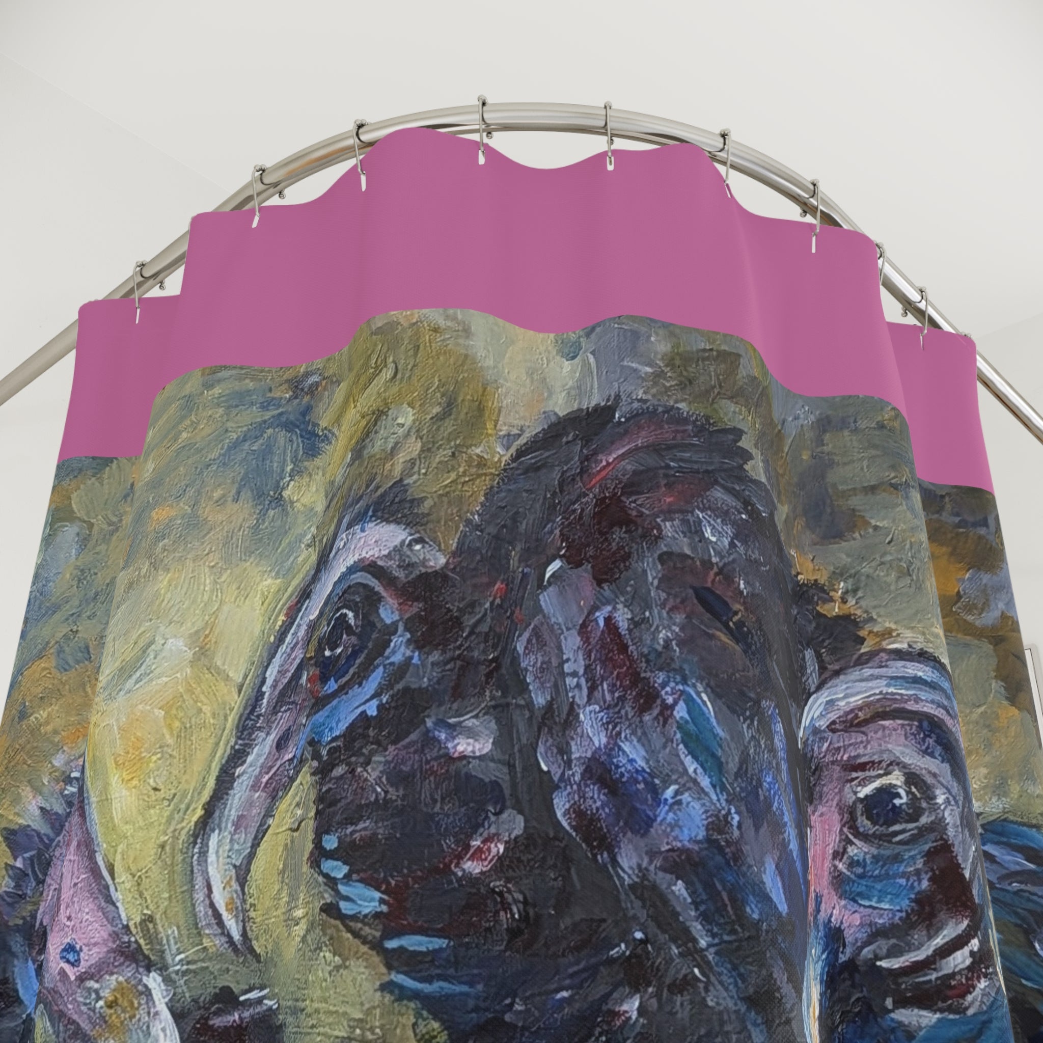 Vulture Trio Shower Curtain | Bold Pink Border, Dark Painterly Bird Artwork