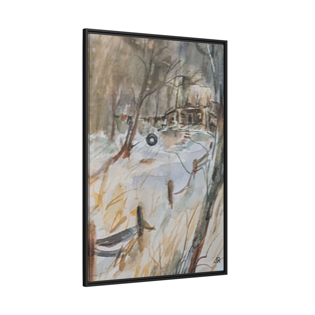 Winter Cabin Landscape Framed Canvas Print