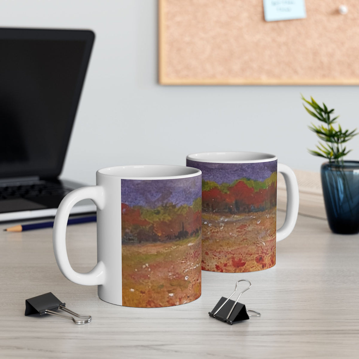 Autumn Field Watercolor Ceramic Mug — Fall Landscape Coffee Cup (11oz, 15oz)