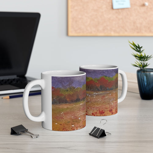 Autumn Field Watercolor Ceramic Mug — Fall Landscape Coffee Cup (11oz, 15oz)