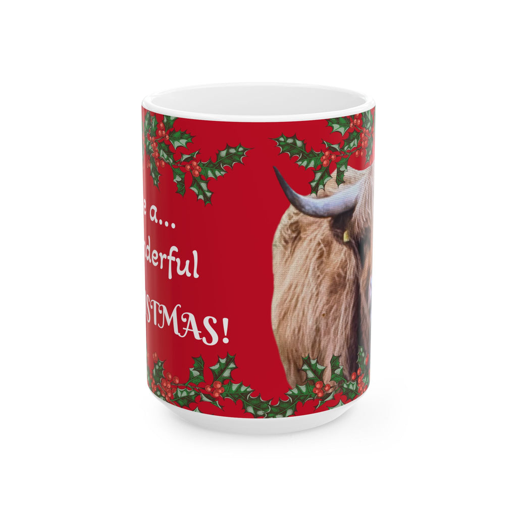 Highland Cow Christmas Mug — "Have a... Wonderful Christmas!" Festive Holiday Ceramic Coffee Cup (11oz/15oz)