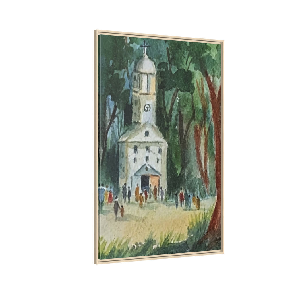 Framed Matte Canvas Print — Watercolor Church in Woodland Scene