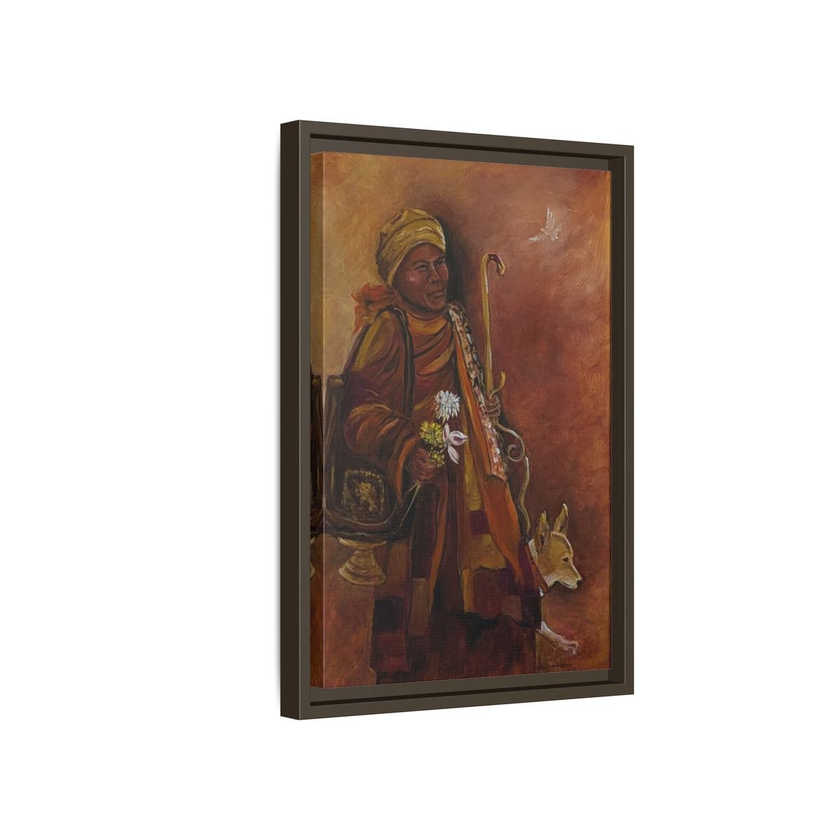 Monk & Dog & Dove Matte Canvas Framed | Earth Tone Wall Art