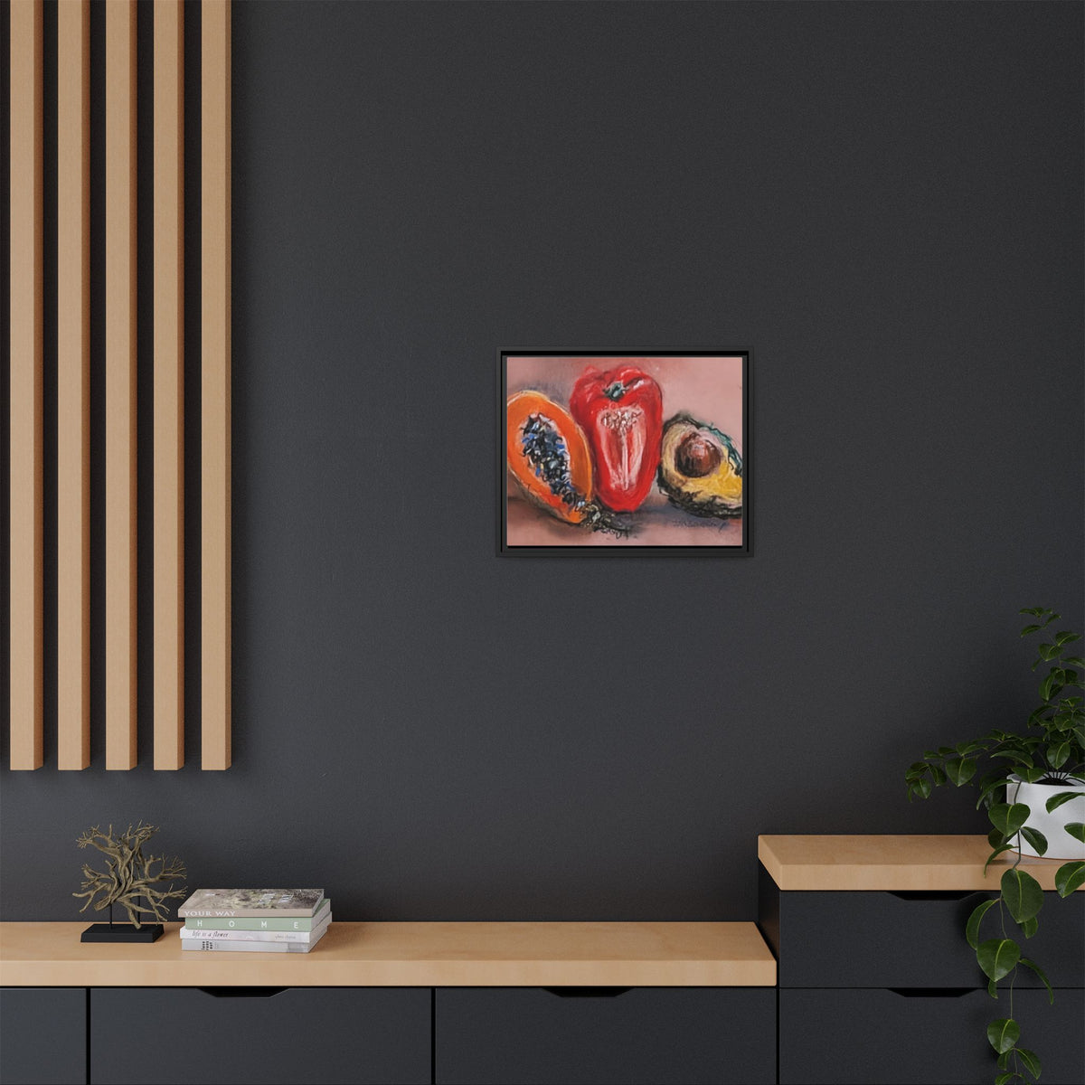 Framed Matte Canvas Art — Vibrant Still Life: Papaya, Red Pepper & Avocado