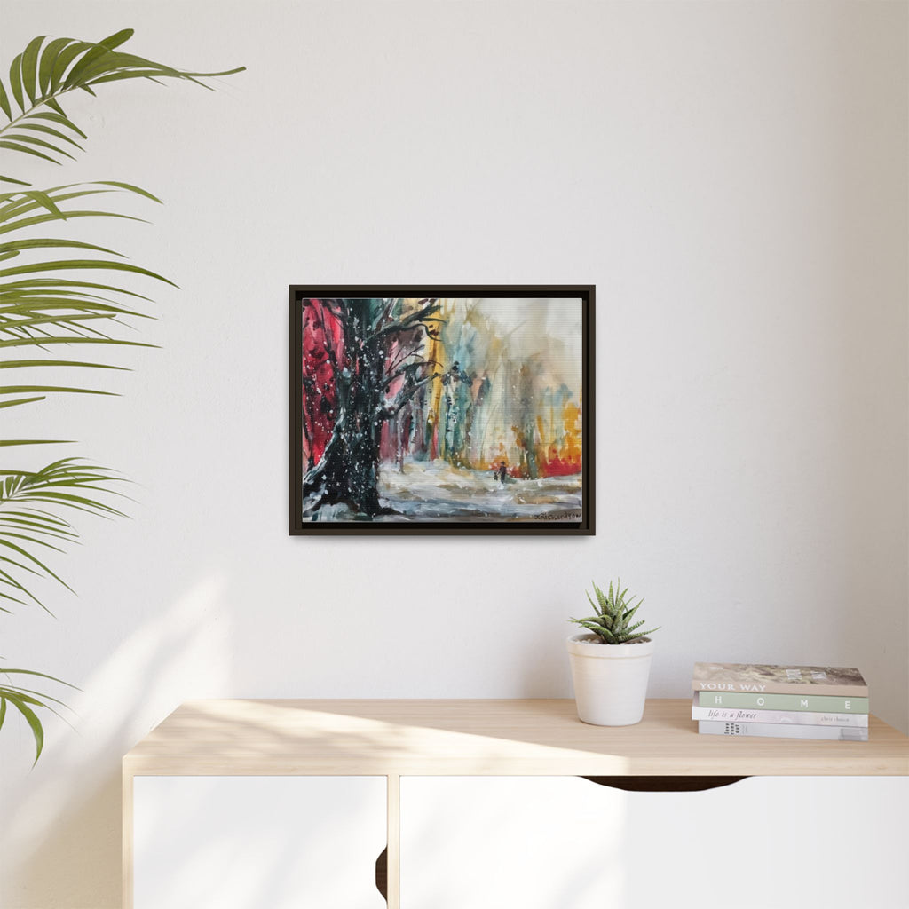 Forest Winter Walk Scene Framed Matte Canvas, | Multi-Color Wall Art