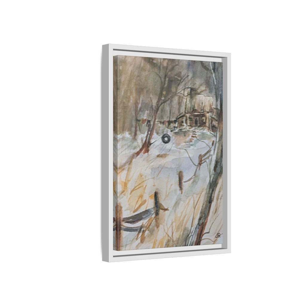 Winter Cabin Landscape Framed Canvas Print