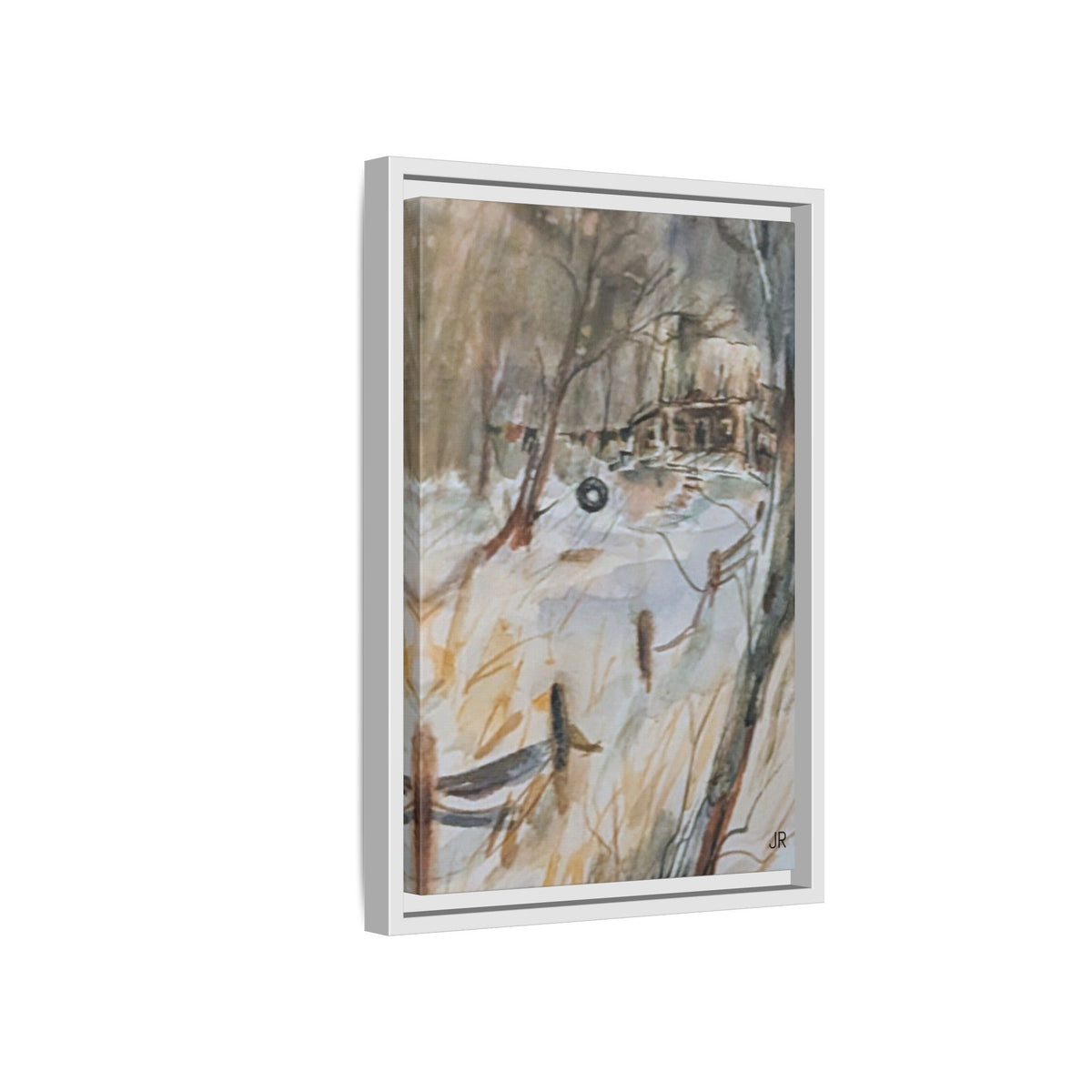 Winter Cabin Landscape Framed Canvas Print