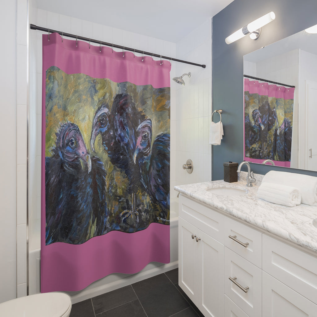Vulture Trio Shower Curtain | Bold Pink Border, Dark Painterly Bird Artwork