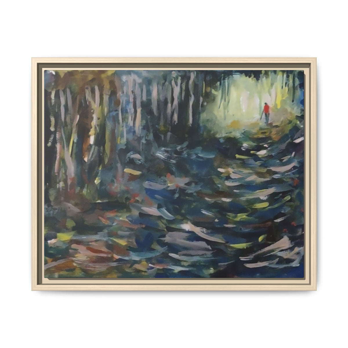 Forest Path Abstract Matte Canvas Framed | Red-Coated Figure, Blue-Green Impressionist Wall Art