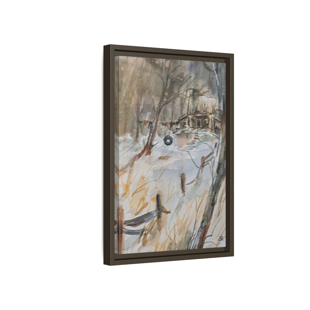 Winter Cabin Landscape Framed Canvas Print