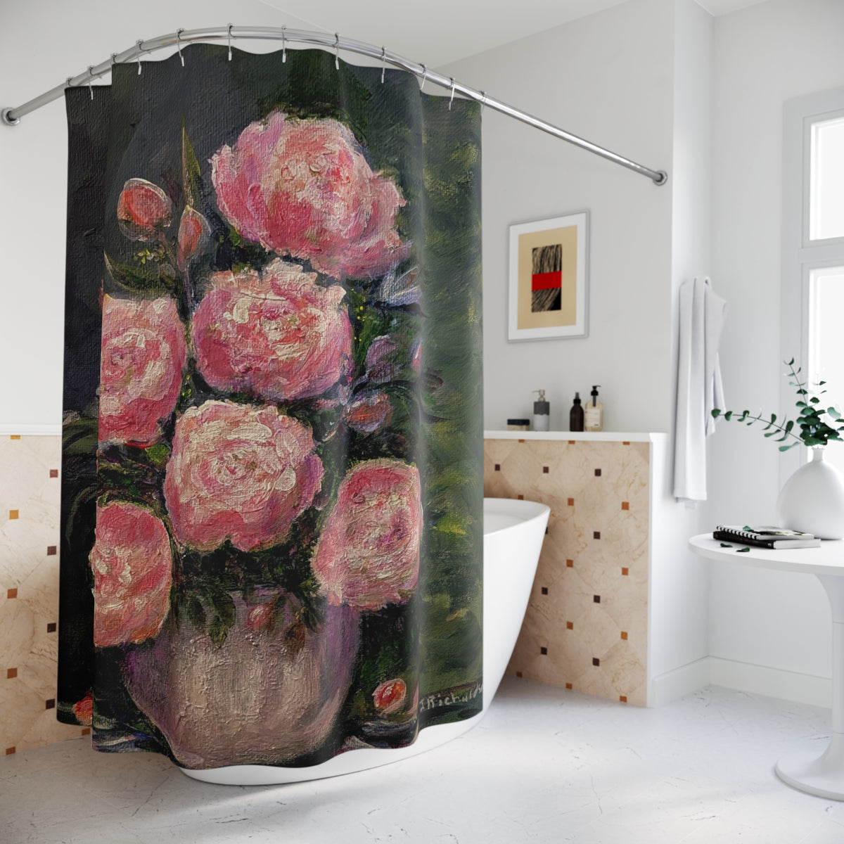 Romantic Pink Peonies Shower Curtain — Floral Vintage Oil Painting Bathroom Decor