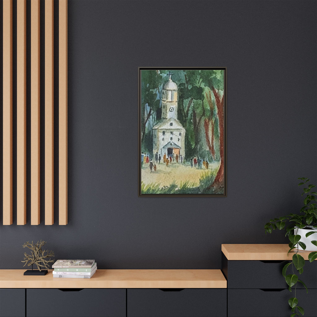 Framed Matte Canvas Print — Watercolor Church in Woodland Scene