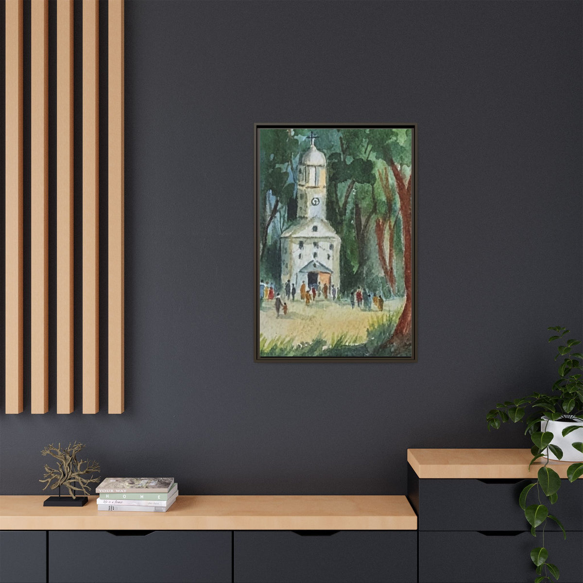 Framed Matte Canvas Print — Watercolor Church in Woodland Scene