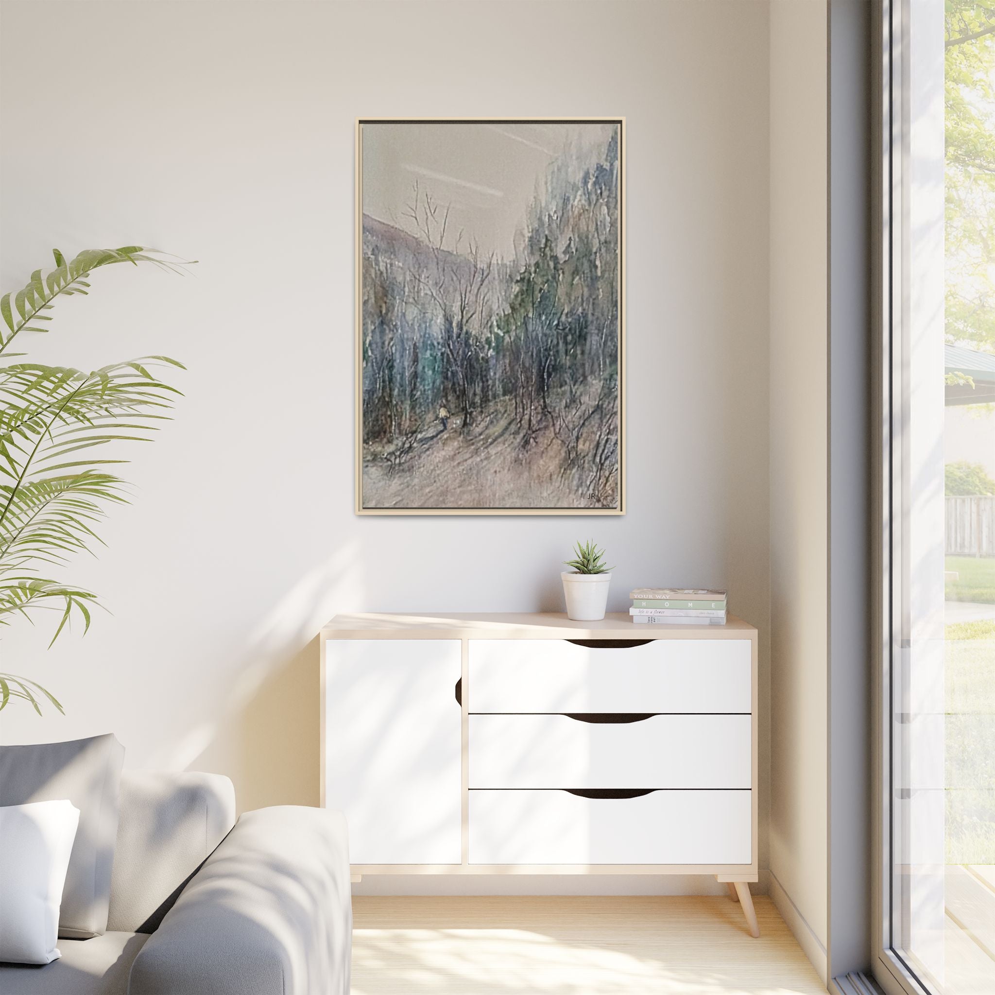 Misty Forest Landscape Matte Canvas Framed | Watercolor Mountain Scene