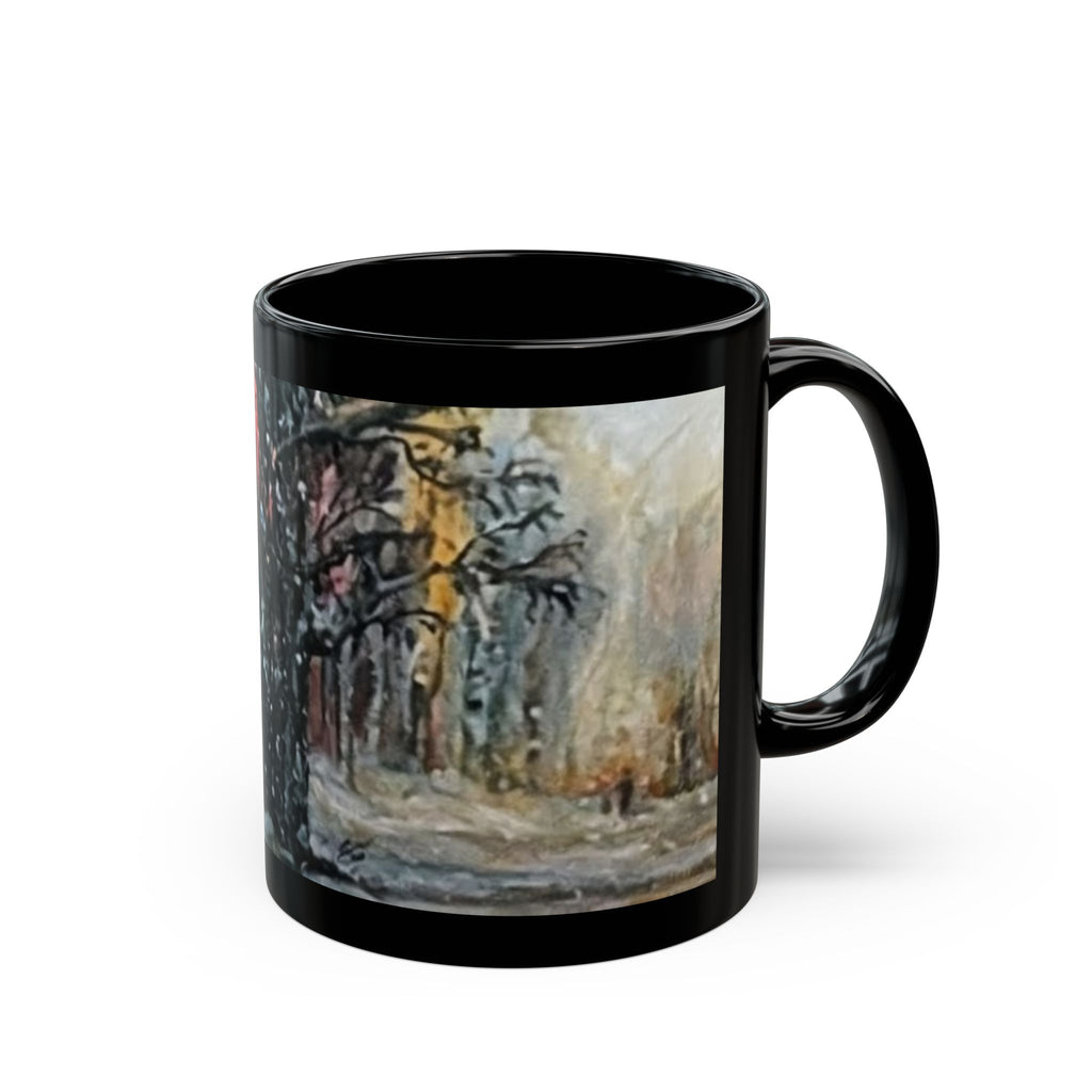 Winter Forest Painting Mug | Snowy Tree Landscape on Black Ceramic