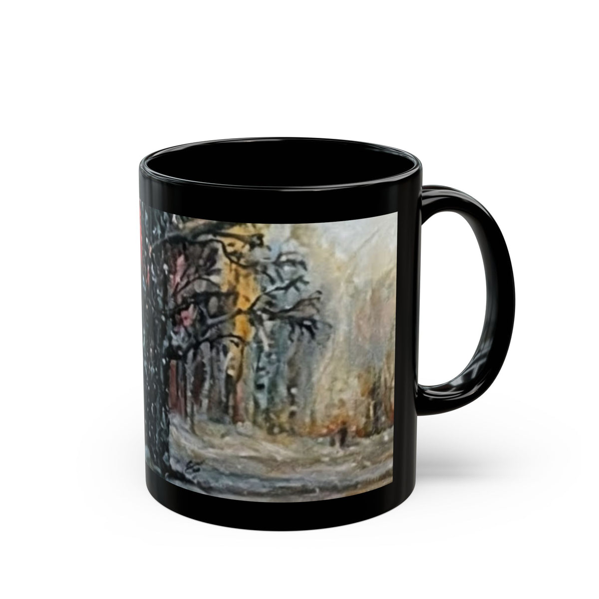 Winter Forest Painting Mug | Snowy Tree Landscape on Black Ceramic