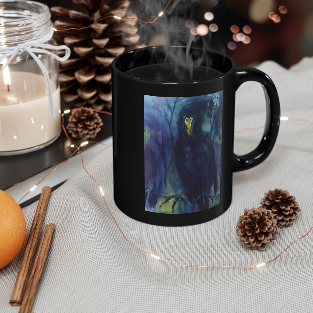Dark Raven Watercolor Black Mug | Personalizable Gothic Bird Art, Night Forest