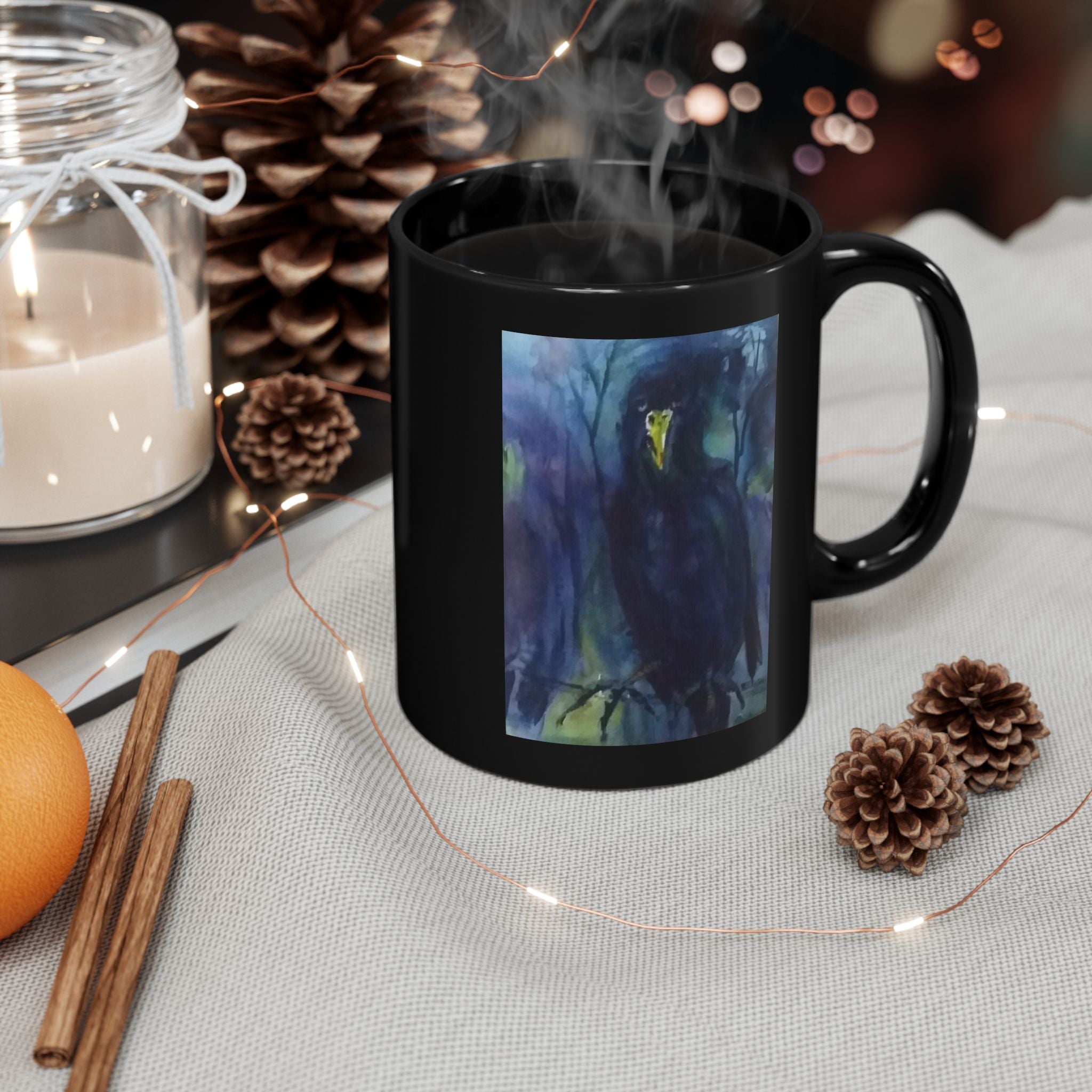 Dark Raven Watercolor Black Mug | Personalizable Gothic Bird Art, Night Forest