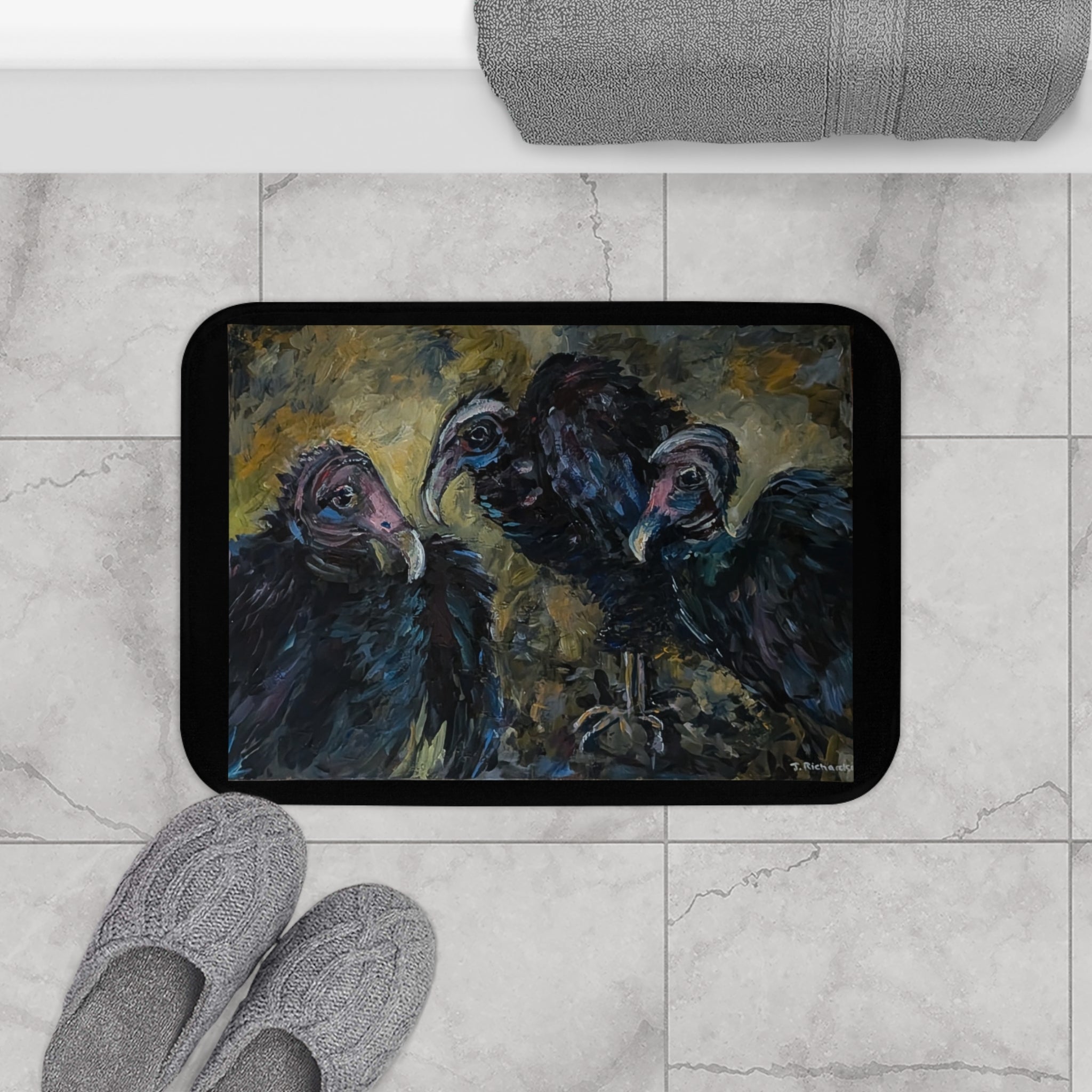 Vultures Illustration Bath Mat | Dark Moody Bird Artwork