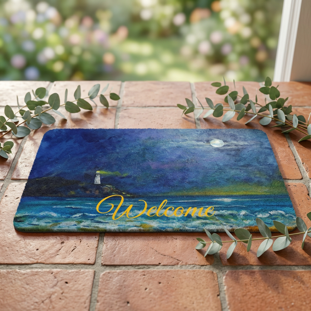 Polyester Lighthouse Moonlit Doormat — Nautical Coastal Entry Rug