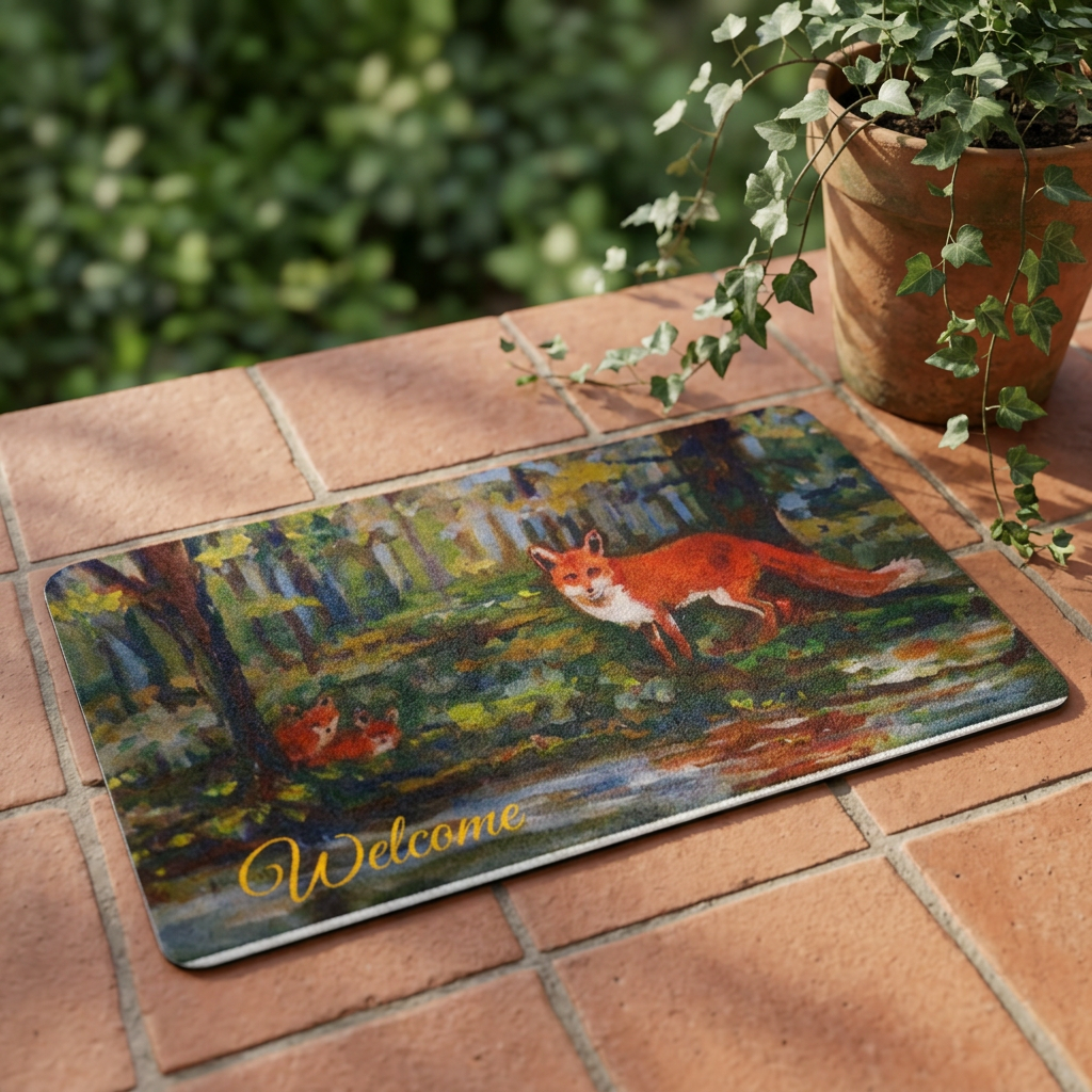 Fox Forest Doormat — Polyester Welcome Mat with Rustic Woodland Fox Design