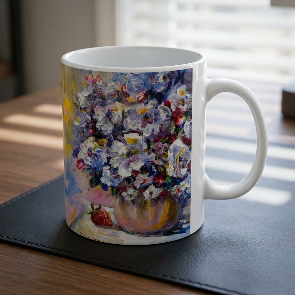 Floral + Strawberry Still Life Ceramic Mug – Impressionist Bouquet Coffee Cup (11oz & 15oz)
