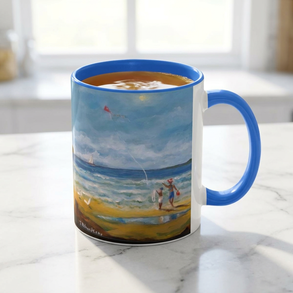 Beach & kite scene, Coffee Accent Mug - Personalize it! Colorful Ceramic Mug (11oz, 15oz)