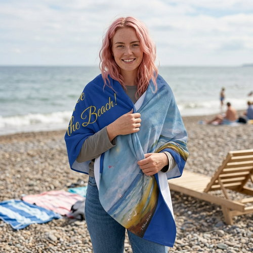 Beach Towel - "Love the Beach!" Coastal Scene Towel with Seaside Painting